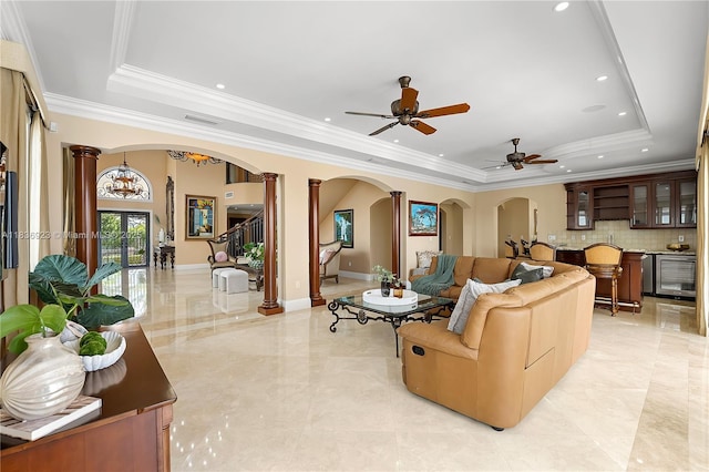 66 S Hibiscus Dr, Miami Beach, FL 33139 - living area with a ceiling fan, a tray ceiling, crown molding, and recessed lighting