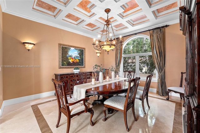 66 S Hibiscus Dr, Miami Beach, FL 33139 - dining space featuring arched walkways, coffered ceiling, crown molding, decorative columns, and a chandelier