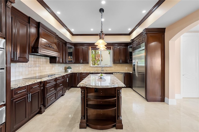 66 S Hibiscus Dr, Miami Beach, FL 33139 - kitchen featuring arched walkways, ornamental molding, hanging light fixtures, backsplash, and stainless steel double oven