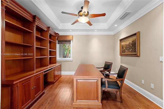 66 S Hibiscus Dr, Miami Beach, FL 33139 - office with ceiling fan, ornamental molding, light wood-style flooring, recessed lighting, and a tray ceiling