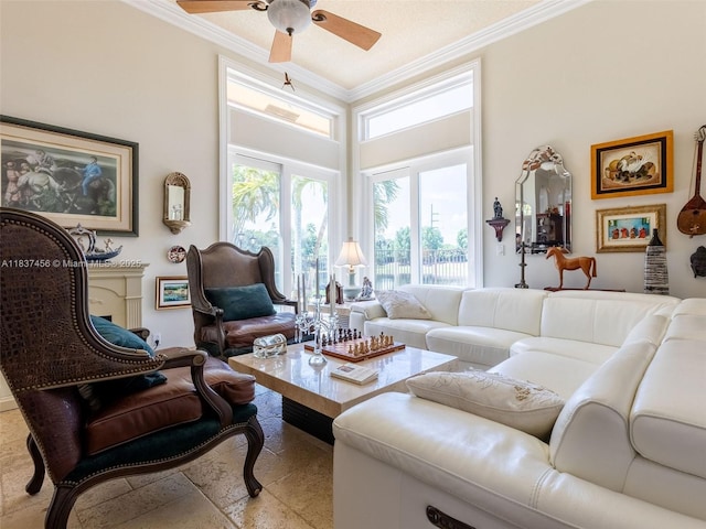 3043 Lakewood Dr, Weston, FL 33332 - living area featuring ornamental molding, ceiling fan, a high ceiling, and plenty of natural light