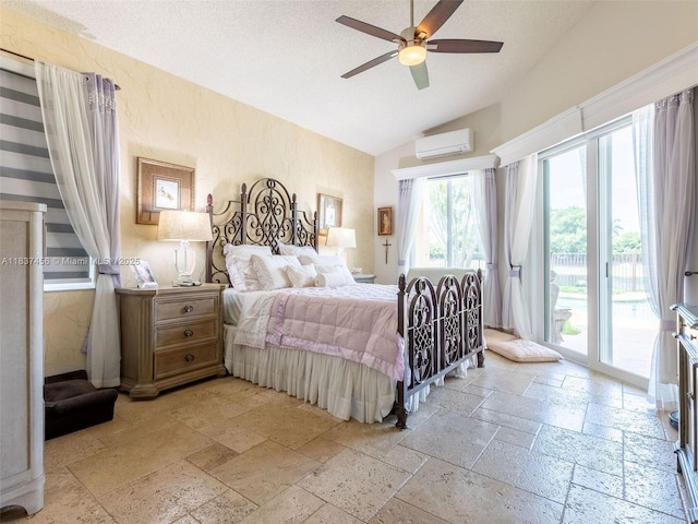 3043 Lakewood Dr, Weston, FL 33332 - bedroom featuring a wall mounted AC, stone tile flooring, access to exterior, vaulted ceiling, and a ceiling fan