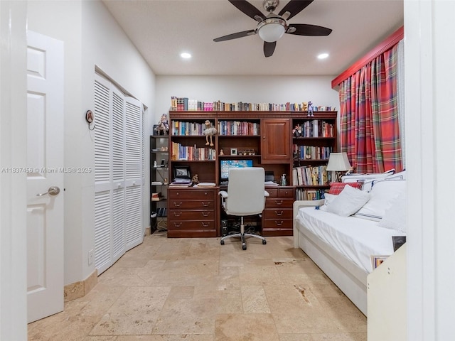3043 Lakewood Dr, Weston, FL 33332 - office with a ceiling fan, recessed lighting, and stone finish flooring