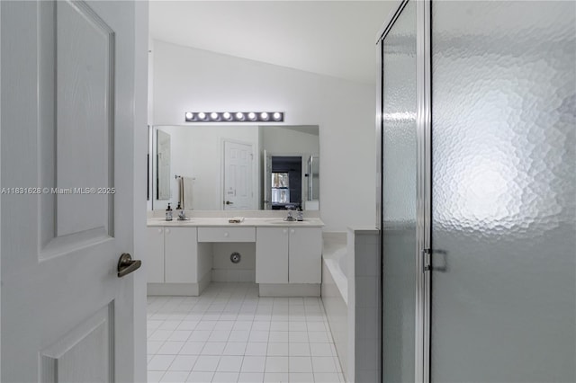 1122 NW 143rd Ave, Pembroke Pines, FL 33028 - bathroom featuring double vanity, a bath, tile patterned floors, and a stall shower
