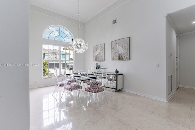 1907 NW 137th Ter, Pembroke Pines, FL 33028 - dining room with plenty of natural light, crown molding, a chandelier, and a high ceiling