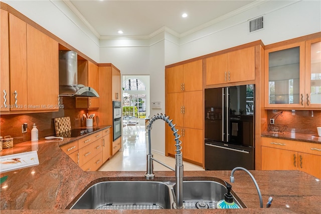 1907 NW 137th Ter, Pembroke Pines, FL 33028 - kitchen featuring black appliances, wall chimney exhaust hood, tasteful backsplash, dark stone counters, and ornamental molding