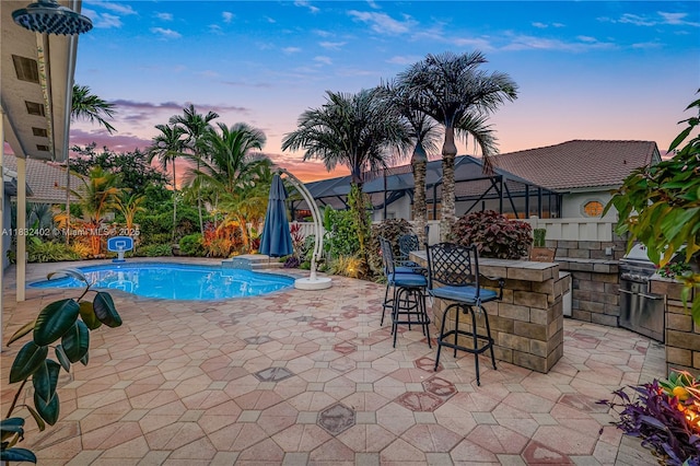 13850 NW 23rd St, Pembroke Pines, FL 33028 - pool at dusk with a patio area, an outdoor pool, and area for grilling