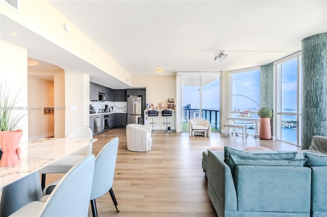 244 Biscayne Blvd Unit 4803, Miami, FL 33132 - living room with light wood-type flooring, expansive windows, plenty of natural light, and arched walkways