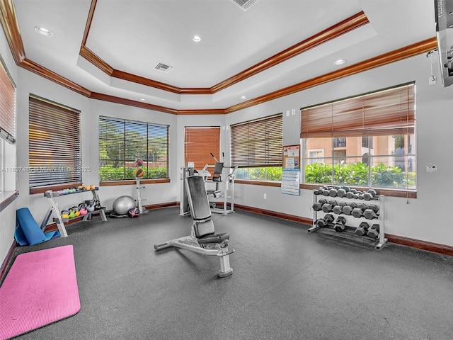2071 Renaissance Blvd Unit 303, Miramar, FL 33025 - exercise area with ornamental molding, a raised ceiling, and recessed lighting