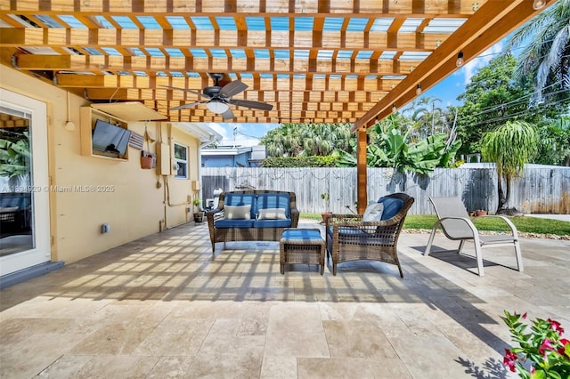 1533 Shenandoah St, Hollywood, FL 33020 - fenced backyard with an outdoor living space, a patio, a pergola, and a ceiling fan
