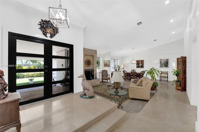 17940 SW 83rd Ave, Palmetto Bay, FL 33157 - living room featuring a chandelier, lofted ceiling, and recessed lighting