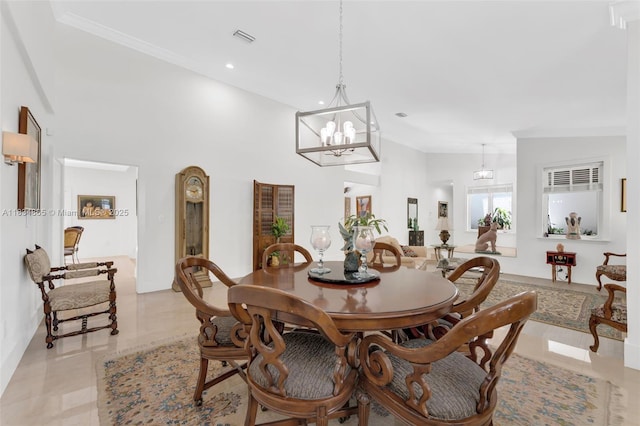 17940 SW 83rd Ave, Palmetto Bay, FL 33157 - dining area featuring a chandelier, recessed lighting, a high ceiling, and ornamental molding
