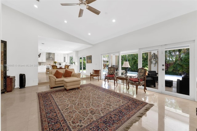 17940 SW 83rd Ave, Palmetto Bay, FL 33157 - living room featuring recessed lighting, ceiling fan, high vaulted ceiling, and light tile patterned floors
