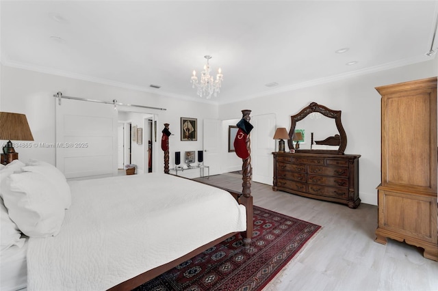 17940 SW 83rd Ave, Palmetto Bay, FL 33157 - bedroom featuring a chandelier, a barn door, crown molding, and light wood-style flooring