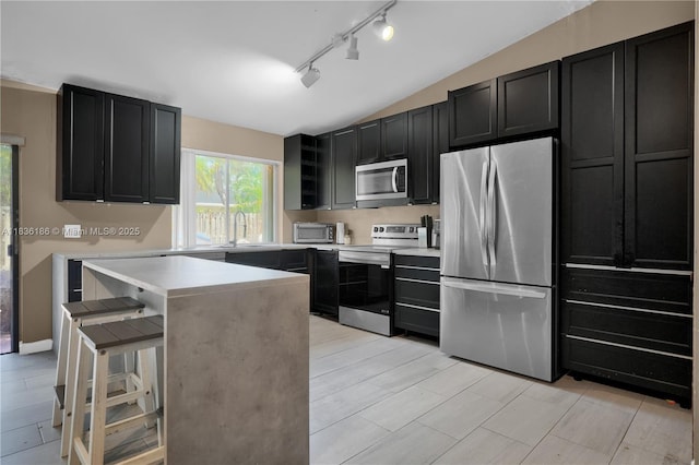 10405 SW 146th Ave, Miami, FL 33186 - kitchen with stainless steel appliances, rail lighting, dark cabinetry, vaulted ceiling, and light countertops
