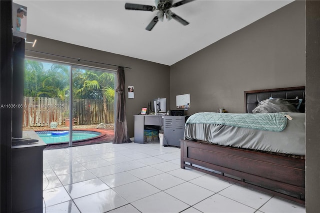 10405 SW 146th Ave, Miami, FL 33186 - tiled bedroom with access to exterior, vaulted ceiling, and a ceiling fan