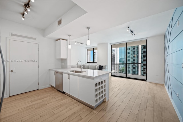 999 SW 1st Ave Unit 1615, Miami, FL 33130 - kitchen featuring track lighting, dishwasher, a peninsula, white cabinetry, and light wood-type flooring