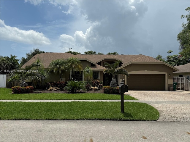 8878 SW 59th St, Cooper City, FL 33328 - ranch-style house featuring an attached garage, decorative driveway, a front lawn, and stucco siding