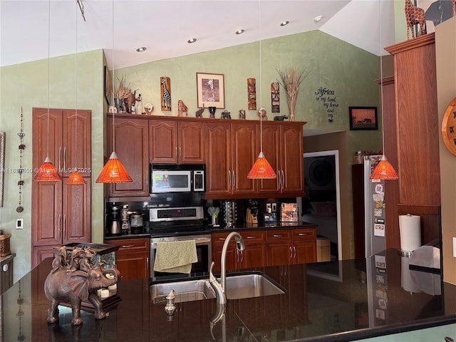 8878 SW 59th St, Cooper City, FL 33328 - kitchen featuring stainless steel range with electric cooktop, lofted ceiling, and pendant lighting