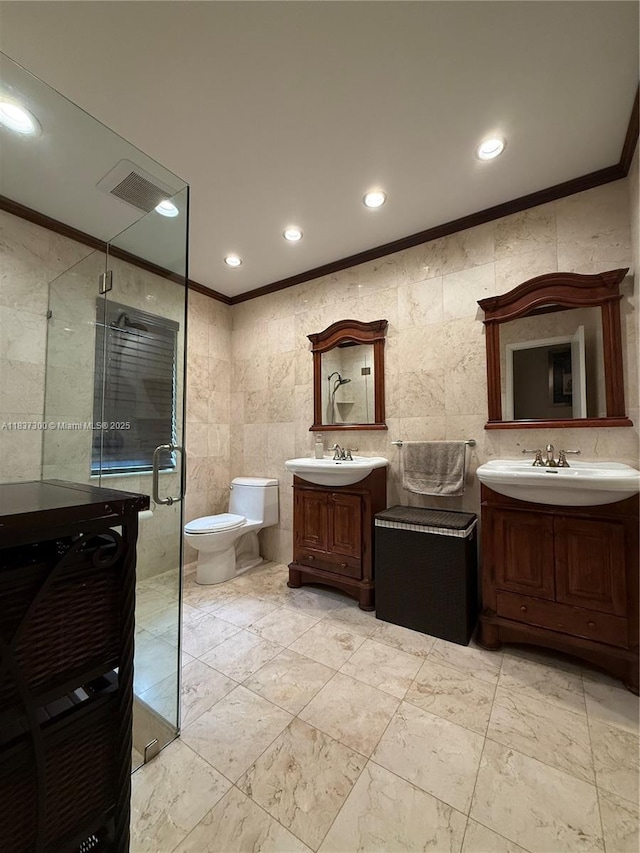8878 SW 59th St, Cooper City, FL 33328 - full bathroom with ornamental molding, tile walls, a stall shower, two vanities, and recessed lighting