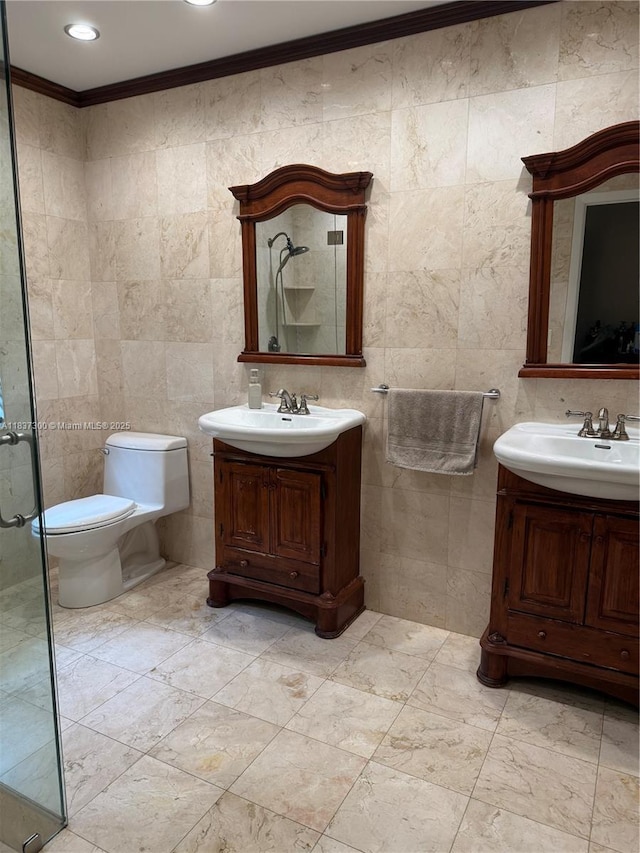 8878 SW 59th St, Cooper City, FL 33328 - bathroom with tile walls, crown molding, vanity, a shower stall, and marble look tile flooring