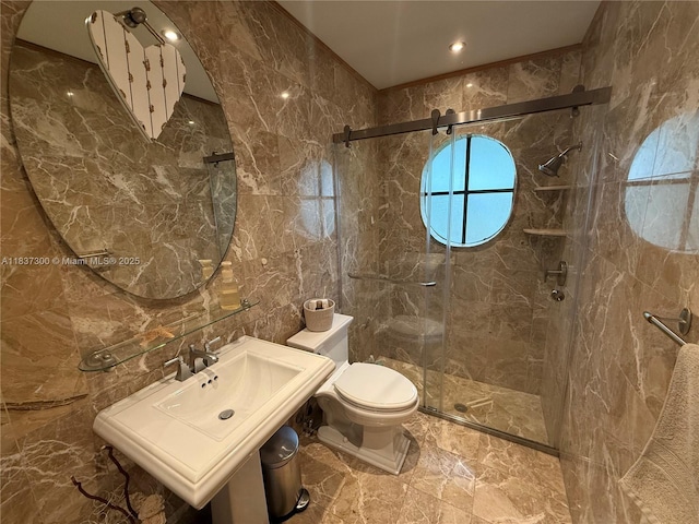 8878 SW 59th St, Cooper City, FL 33328 - bathroom featuring tile walls, a shower stall, and marble tiled floors