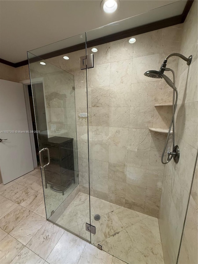 8878 SW 59th St, Cooper City, FL 33328 - full bathroom with a stall shower, crown molding, and recessed lighting