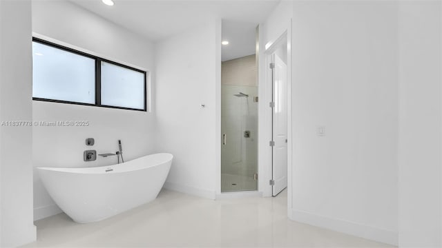 23120 SW 154th Ct, Miami, FL 33170 - full bath featuring a stall shower, a freestanding bath, recessed lighting, and tile patterned flooring