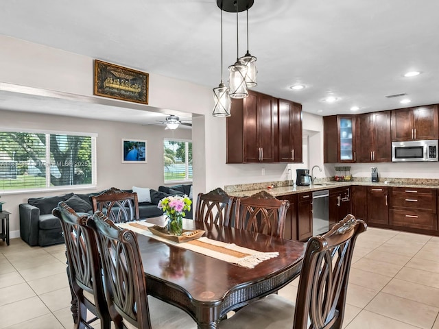 321 NW 93rd Ave, Pembroke Pines, FL 33024 - dining area featuring light tile patterned floors, a ceiling fan, and recessed lighting