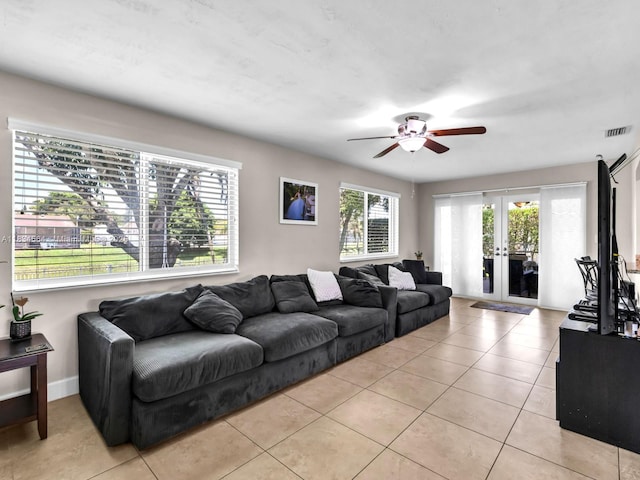 321 NW 93rd Ave, Pembroke Pines, FL 33024 - living area featuring french doors, a ceiling fan, and light tile patterned floors