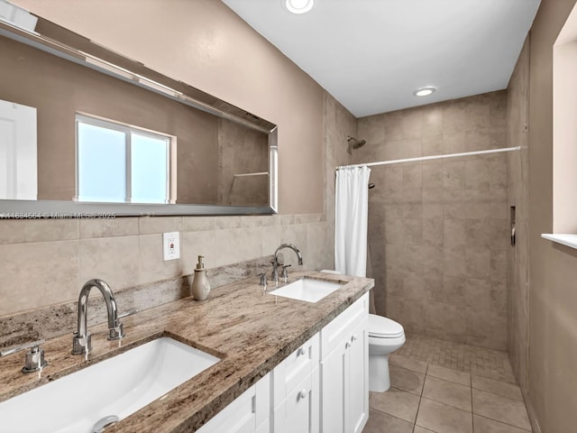 321 NW 93rd Ave, Pembroke Pines, FL 33024 - bathroom featuring a tile shower, tile patterned floors, double vanity, tile walls, and recessed lighting