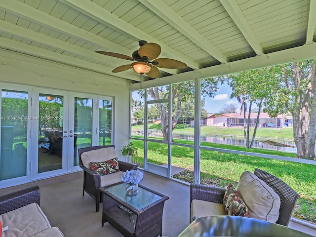 321 NW 93rd Ave, Pembroke Pines, FL 33024 - sunroom with french doors, a water view, a ceiling fan, and beam ceiling
