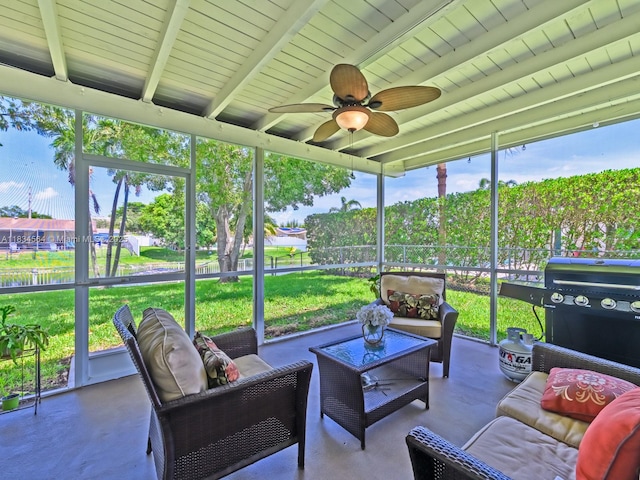 321 NW 93rd Ave, Pembroke Pines, FL 33024 - sunroom / solarium with an outdoor living space, a ceiling fan, and beamed ceiling