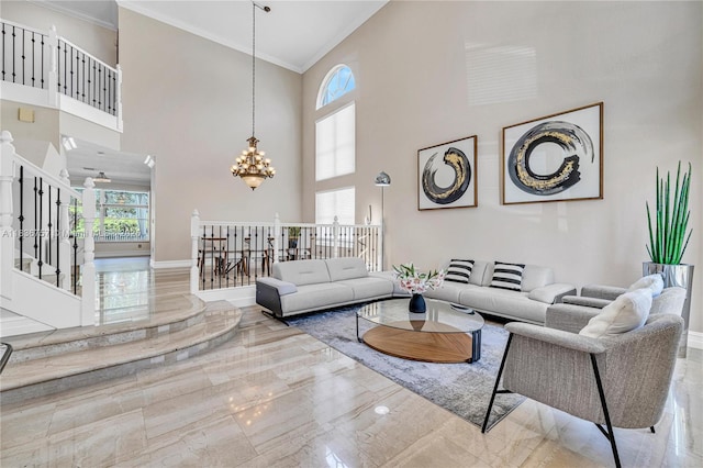 19480 SW 39th Ct, Miramar, FL 33029 - living room featuring a high ceiling, ornamental molding, marble tiled floors, and healthy amount of natural light