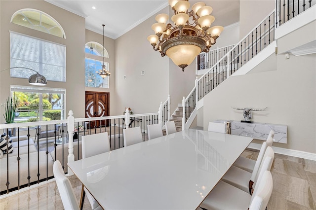 19480 SW 39th Ct, Miramar, FL 33029 - dining area featuring a chandelier, a high ceiling, ornamental molding, plenty of natural light, and recessed lighting