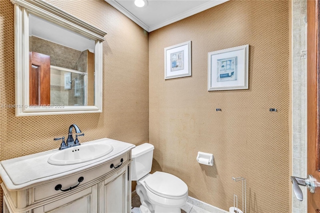 19480 SW 39th Ct, Miramar, FL 33029 - bathroom featuring ornamental molding, vanity, and a shower with door