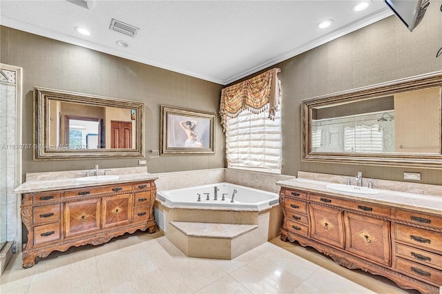 19480 SW 39th Ct, Miramar, FL 33029 - full bath with two vanities, a bath, ornamental molding, tile patterned flooring, and recessed lighting