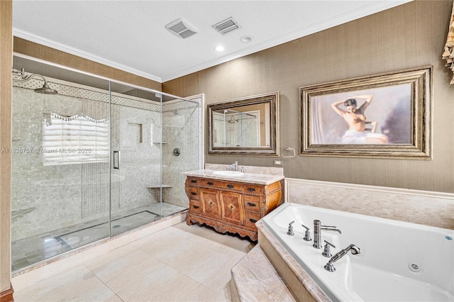 19480 SW 39th Ct, Miramar, FL 33029 - full bathroom featuring vanity, a shower stall, a whirlpool tub, ornamental molding, and recessed lighting