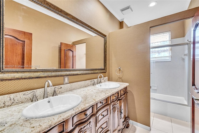 19480 SW 39th Ct, Miramar, FL 33029 - bathroom with double vanity, tile patterned flooring, tub / shower combination, and recessed lighting