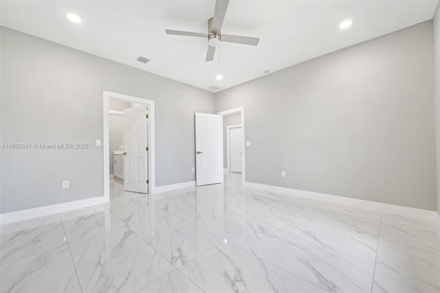 1244 NW 30th Ave, Fort Lauderdale, FL 33311 - unfurnished bedroom featuring light marble finish flooring, ensuite bath, recessed lighting, and ceiling fan