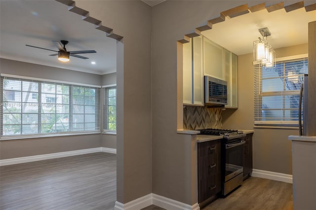 1611 Euclid Ave Unit 5, Miami Beach, FL 33139 - kitchen with stainless steel appliances, light wood-style flooring, ceiling fan, hanging light fixtures, and light countertops