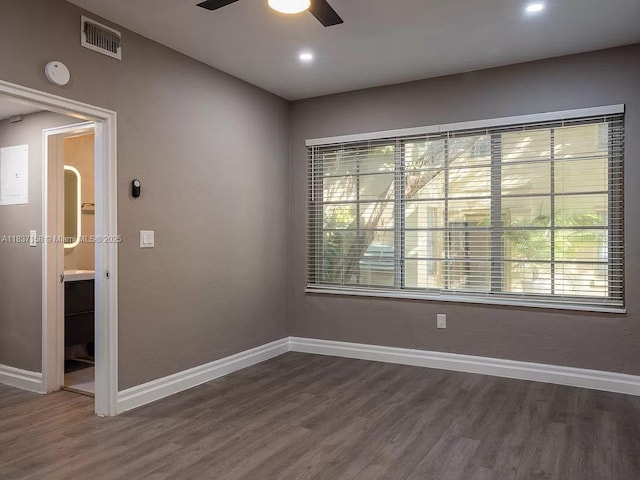1611 Euclid Ave Unit 5, Miami Beach, FL 33139 - empty room featuring a ceiling fan, dark wood-style floors, a smoke detector, and recessed lighting