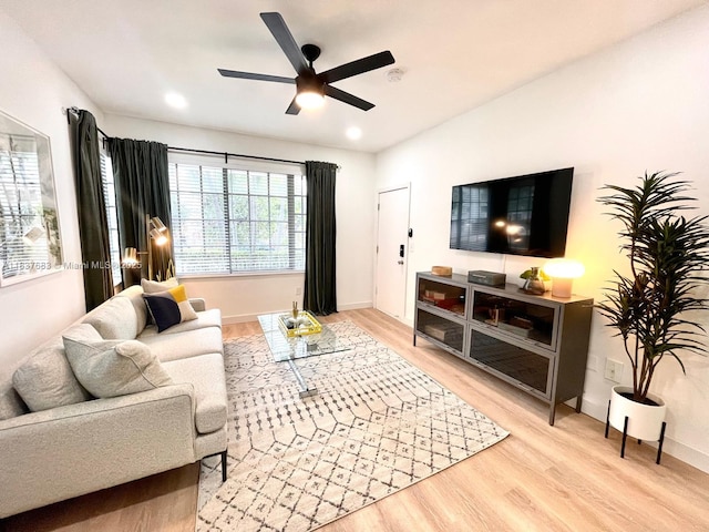 936 Pennsylvania Ave Unit 101, Miami Beach, FL 33139 - living room featuring light wood-style flooring, ceiling fan, and recessed lighting