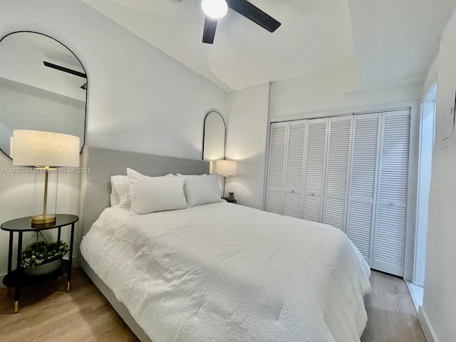 936 Pennsylvania Ave Unit 101, Miami Beach, FL 33139 - bedroom featuring wood finished floors, a closet, a ceiling fan, and lofted ceiling