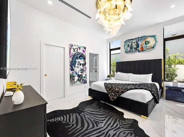 2225 NE 19th St, Fort Lauderdale, FL 33305 - bedroom featuring marble finish floors, a chandelier, and recessed lighting