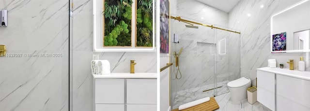 2225 NE 19th St, Fort Lauderdale, FL 33305 - bathroom with vanity, a marble finish shower, tile walls, and marble finish floors