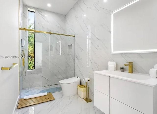 2225 NE 19th St, Fort Lauderdale, FL 33305 - bathroom featuring marble tiled flooring, vanity, a marble finish shower, and tile walls