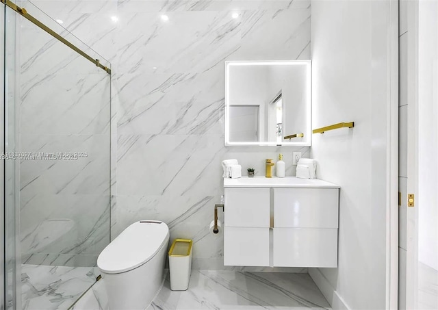 2225 NE 19th St, Fort Lauderdale, FL 33305 - bathroom with marble look tile flooring, vanity, and a marble finish shower
