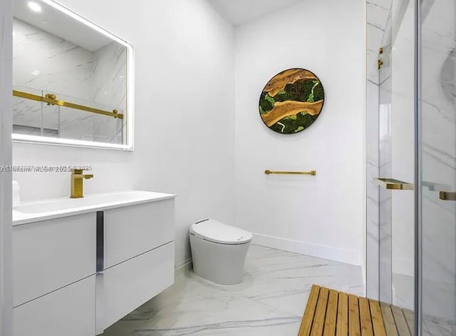 2225 NE 19th St, Fort Lauderdale, FL 33305 - full bath with marble look tile flooring, vanity, and a marble finish shower