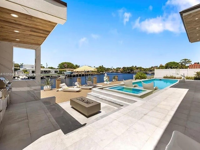 2225 NE 19th St, Fort Lauderdale, FL 33305 - view of pool with an outdoor fire pit, a patio, a water view, and a grill